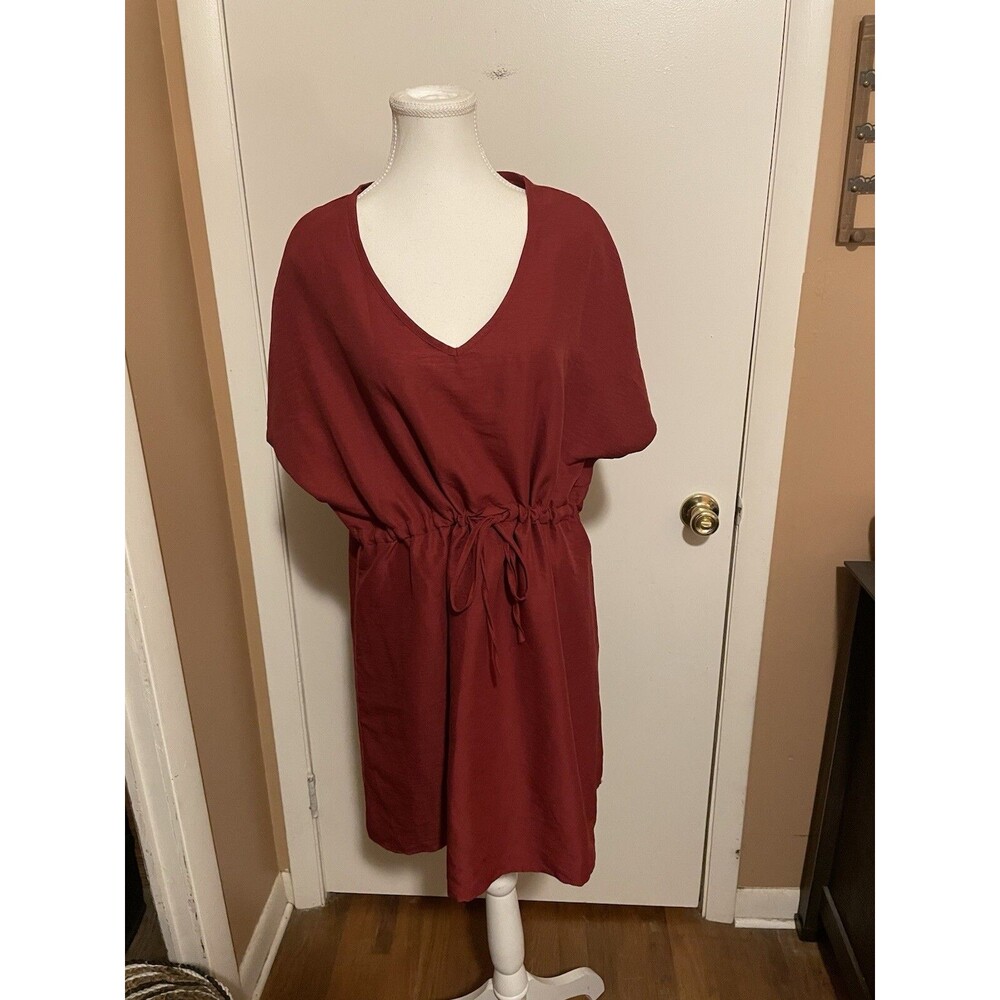Ekouaer Women's XL Cover Up Short Sleeve Beachwear Loose V-Neck Dress Red Maroon